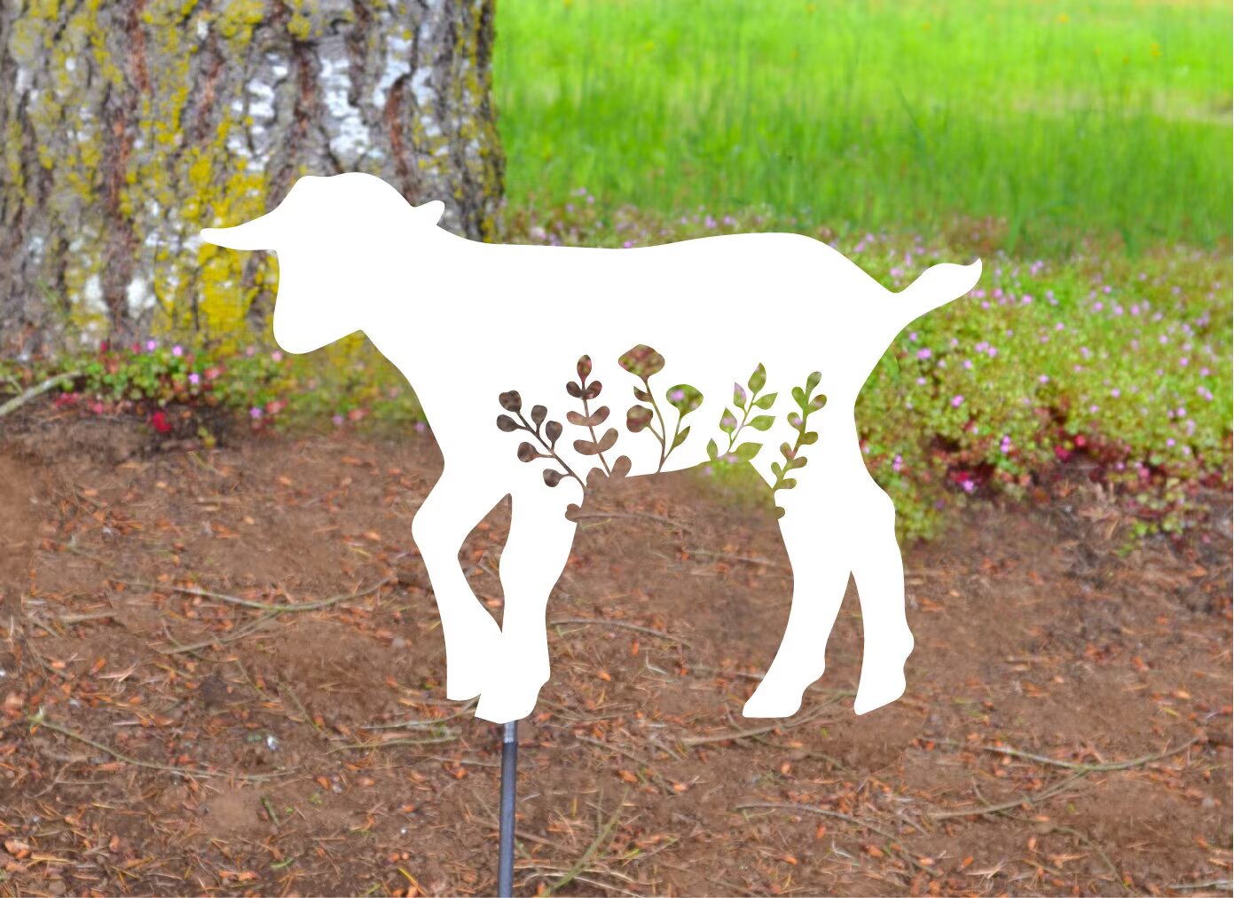 Metal Art Floral Floppy Ear Baby Lamb Stake Decoration, Yard Art, Spring Garden Decoration, Outdoor Garden Decor Farm, Farm House, Sheep, Post Mount Bracket, Wall Mount w/(Holes)