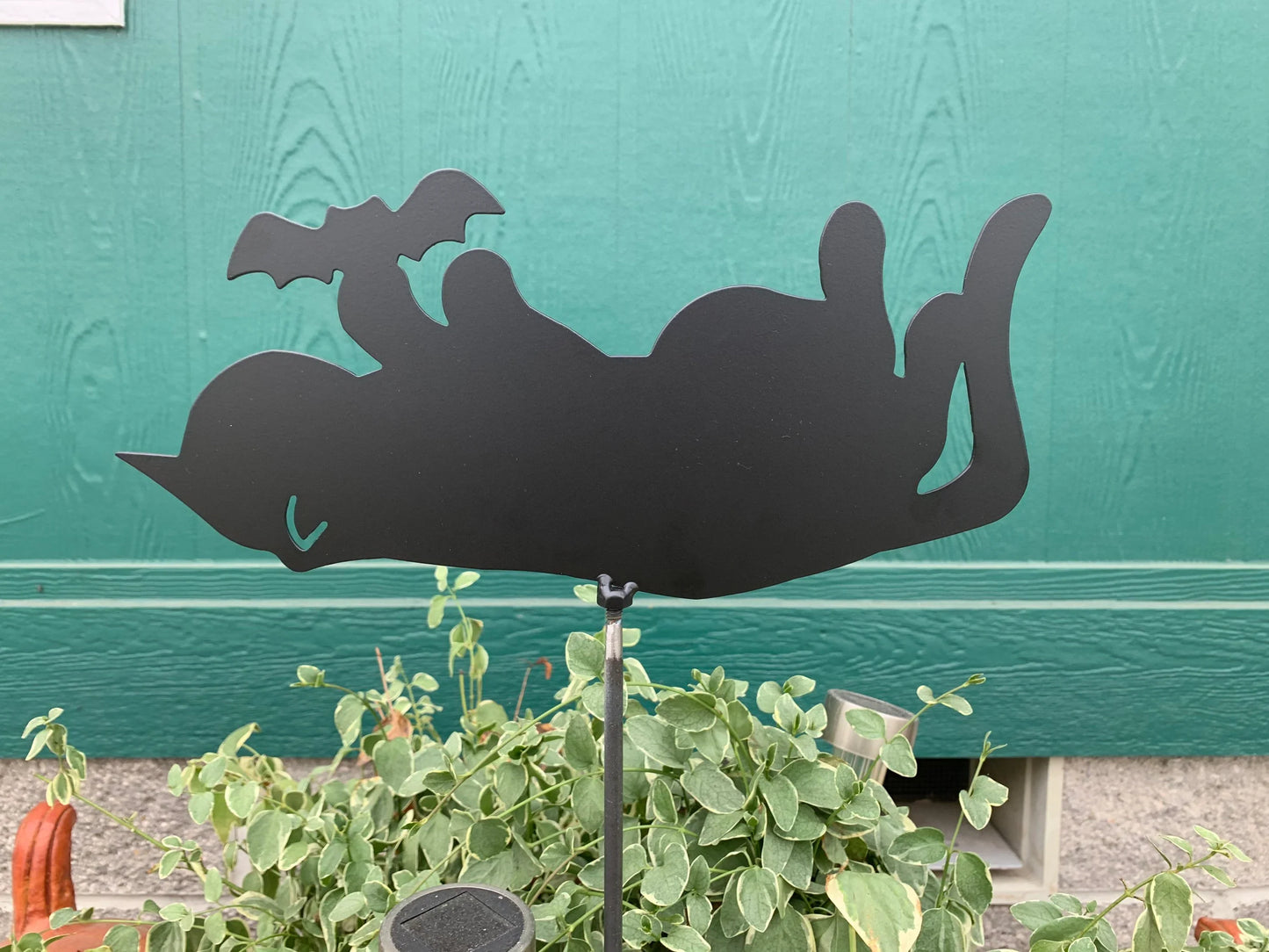 Metal Halloween Garden Cat playing with bat Stake Decor , Garden Art, Yard Art, Hand Made, Spring Garden Decoration, Outdoor Garden Decor, Post Mount Bracket, Wall Mount w/(Holes)