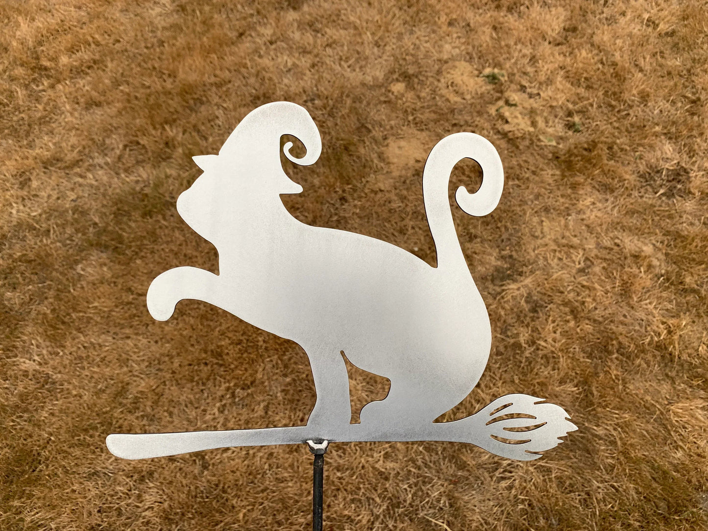 Metal Halloween Art Cat with witch hat flying on broom Stake Decoration , Garden Art, Yard Art, Hand Made, Fall Decor, Outdoor Garden Decor, Post Mount Bracket, Wall Mount w/(Holes)