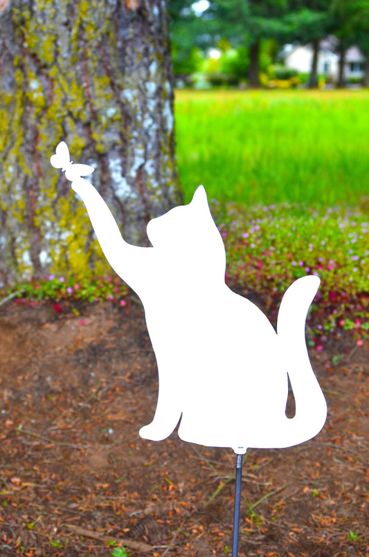 Metal Art Garden Cat with Butterfly Stake Decoration, Garden Yard Art, Cat Lover Gift Him Her Spring Garden Decoration, Outdoor Garden Decor, Post Mount Bracket, Wall Mount w/(Holes)