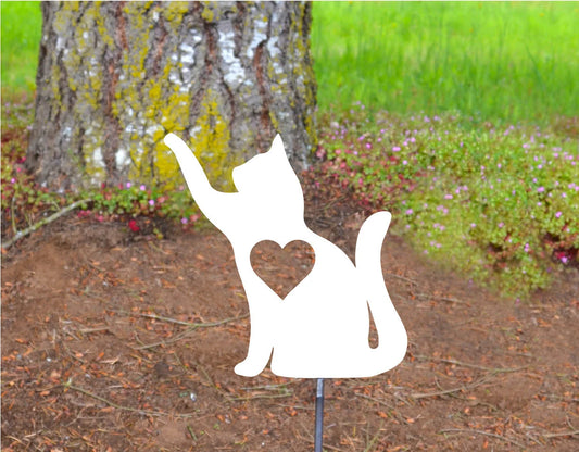 Metal Art Garden Cat with heart Stake Decoration, Garden, Yard Art, Gift , Spring Garden Decoration, Outdoor Garden Decor, Cat Lover Stake Attached(12" Stake Detachable)