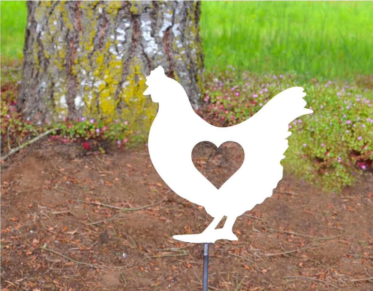 Metal Art Garden Chicken with heart Stake Decoration, Spring Garden Decoration, Outdoor Garden Decor, Farm, Farm House, Gift Him Her, Hen, Post Mount Bracket, Wall Mount w/(Holes)