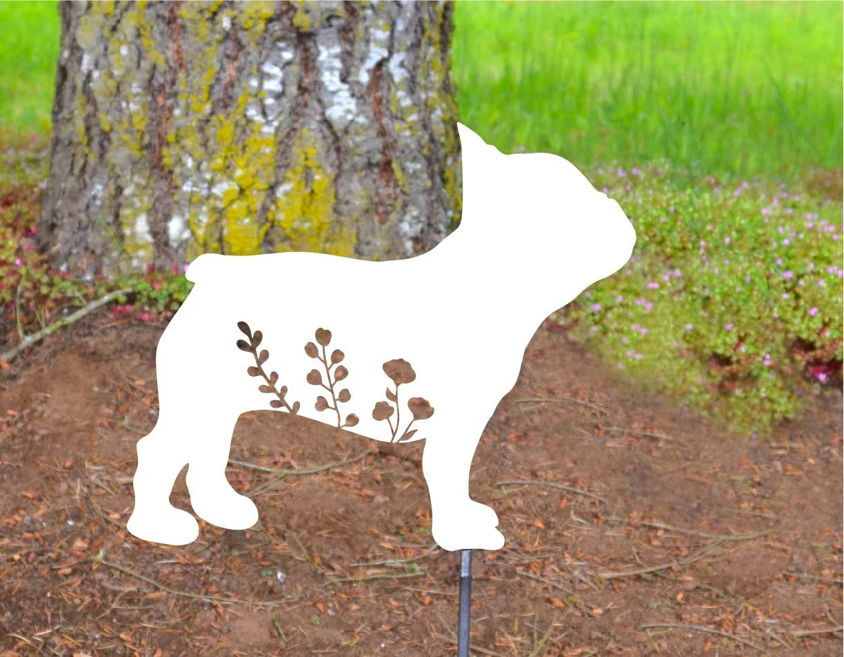 Metal Art Floral French Bulldog Garden Stake Decoration, Garden, Yard Art, Hand Made, Spring Garden Decoration, Outdoor Garden Decor,Frenchy Stake Attached(12" Stake Detachable)