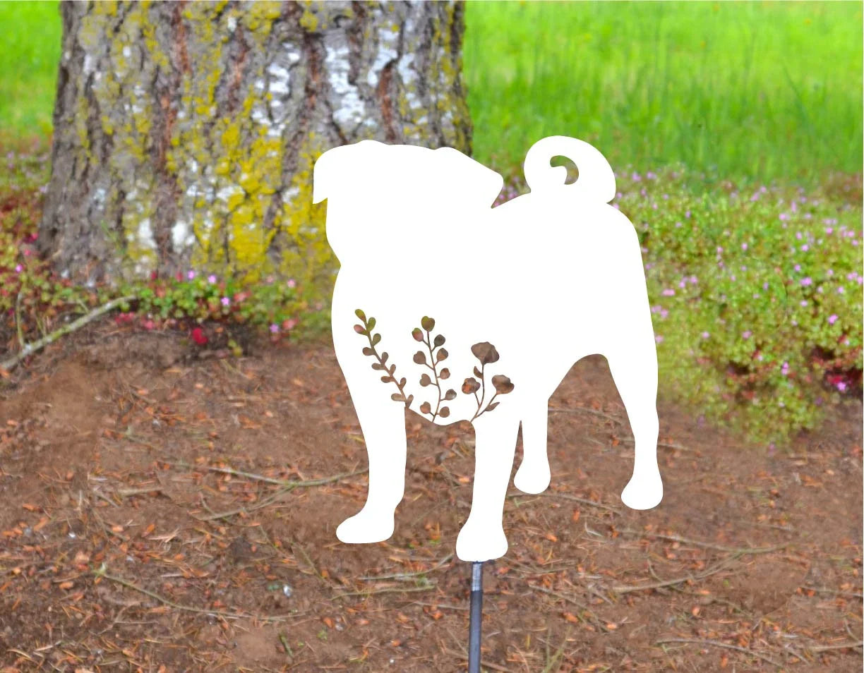 Metal Art Floral Pug dog Stake Decoration, Garden, Yard Art, Hand Made, Spring Garden Decoration, Outdoor Garden Decor, gift, Post Mount Bracket, Wall Mount w/(Holes)