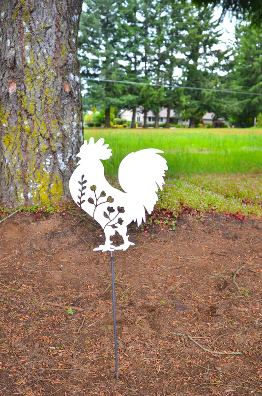 Metal Art Floral Garden Rooster Stake Decoration, Garden, Yard Art, Hand Made, Spring Garden Decoration, Outdoor Garden Decor, Stake Attached(12" Stake Detachable)