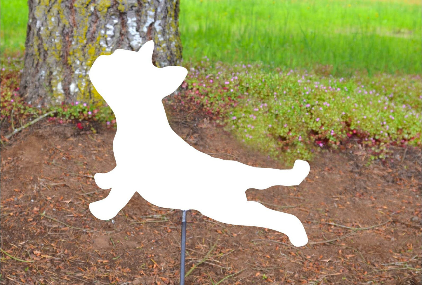 Metal Art Floral French Bulldog Stretching Garden Stake Decoration, Frenchie, Yard Art, Spring Garden Decoration, Outdoor Garden Decor, Dog, Post Mount Bracket, Wall Mount w/(Holes)