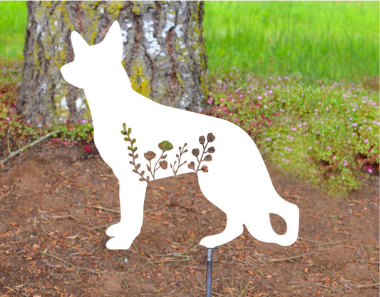 Metal Art Floral German Shepherd Dog Lover Stake Decoration, Garden, Yard Art, Gift, Garden Decoration Outdoor Garden Decor Personalize, Post Mount Bracket, Wall Mount w/(Holes)