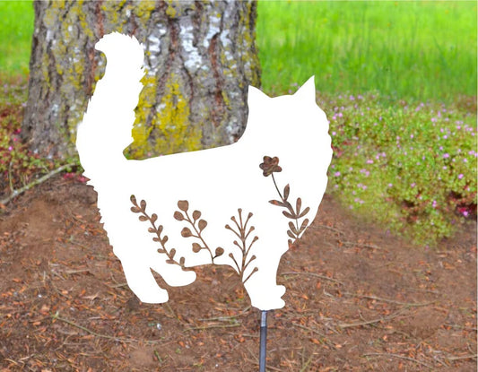 Metal Art Floral long Hair Cat Garden Stake Decoration, Garden, Yard Art, Hand Made, Spring Garden Decoration, Outdoor Garden Decor, Kitty Stake Attached(12" Stake Detachable)