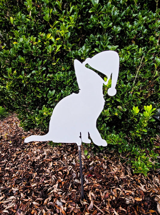 Santa Clause Kitten Christmas Holiday Kitty Cat Metal Art Stake Decoration Garden Yard Art Hand Made Garden Decoration, Outdoor Garden Decor, Stake Attached(12" Stake Detachable)