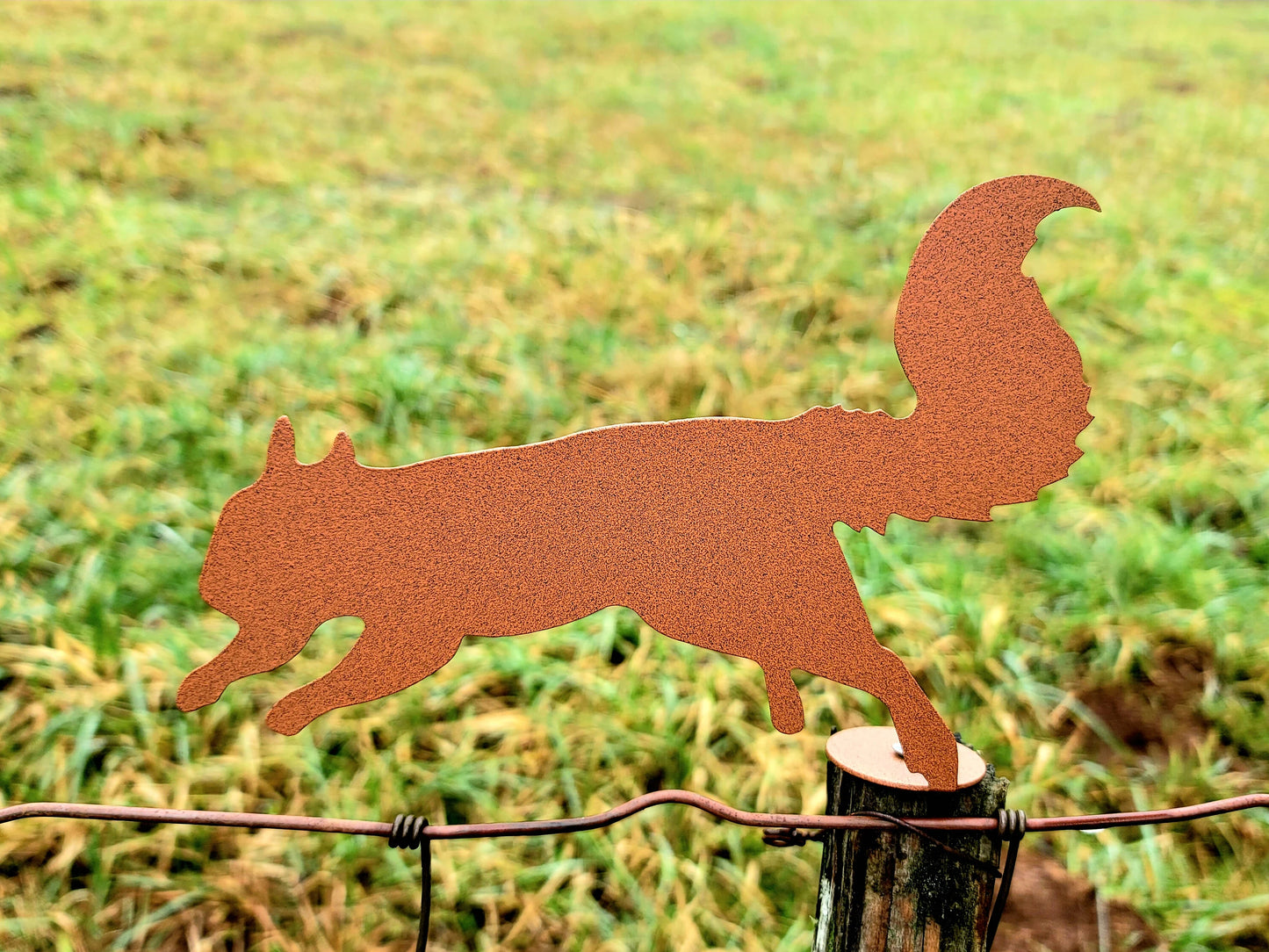 Squirrel Metal Art Garden Post Mount Decoration, Stake, Yard Art, Hand Made, Spring Garden Decoration, Outdoor Garden Decor Gift Him Her Stake Attached(12" Stake Detachable)