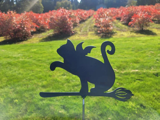 Metal Halloween Art Cat with wings flying on broom Stake Decoration , Garden Art, Yard Art, Hand Made, Fall Decor, Outdoor Garden Decor, Post Mount Bracket, Wall Mount w/(Holes)