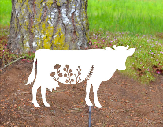 Metal Yard Art Floral Cow Garden Stake Decoration, Garden, Yard Art, Hand Made, Spring Garden Decoration, Outdoor Garden Decor, mama cow (Template) Stake Attached(12" Stake Detachable)