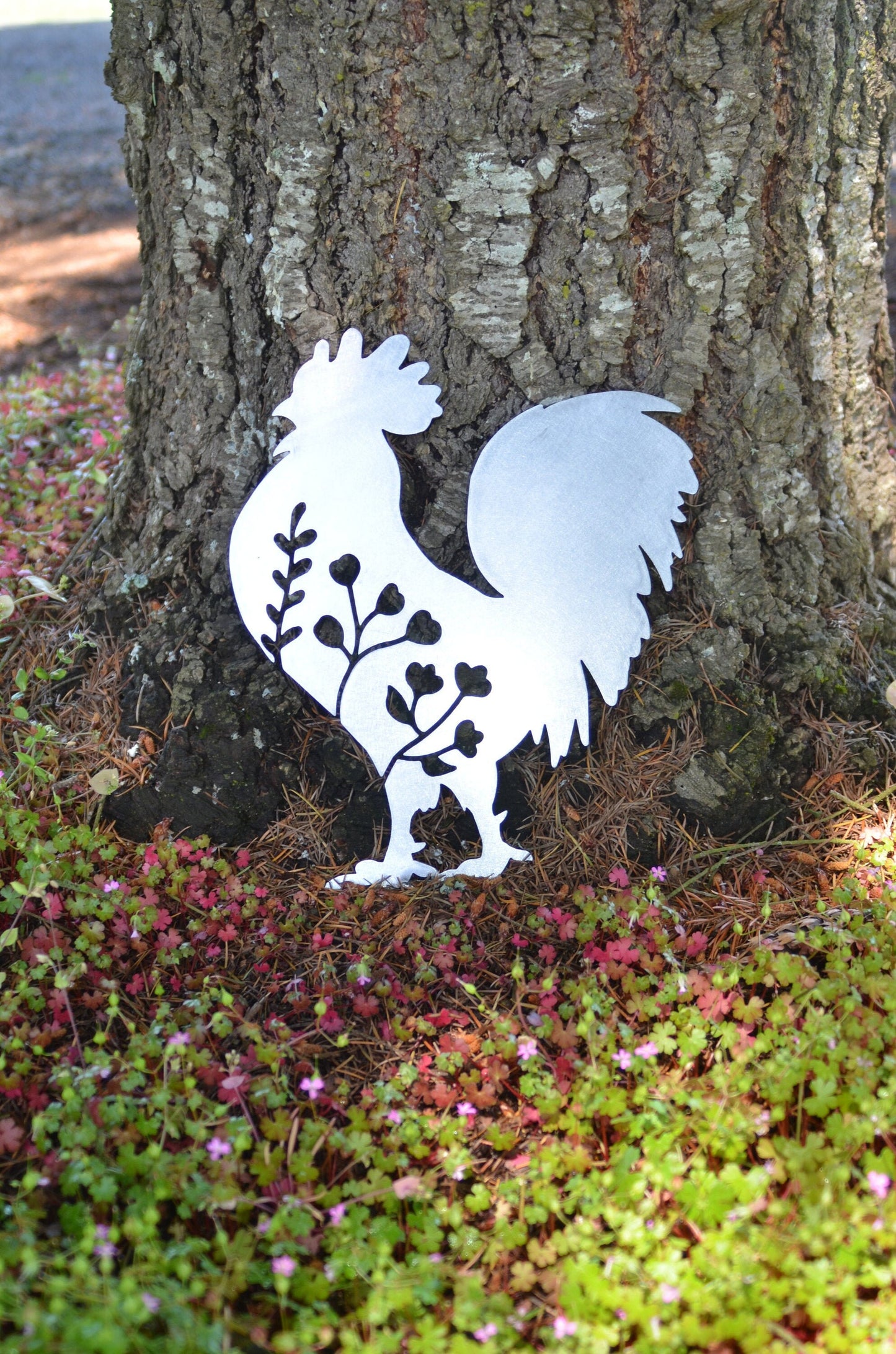 Metal Art Floral Garden Rooster Stake Decoration, Garden, Yard Art, Hand Made, Spring Garden Decoration, Outdoor Garden Decor, Stake Attached(12" Stake Detachable)