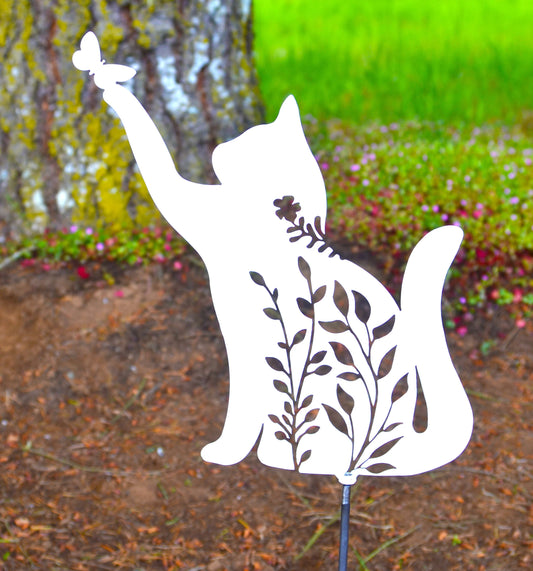 Metal Art Floral Garden Cat with Butterfly Stake Decoration, Personalized, Garden, Yard Art, Spring Garden Decoration, Cat lover gifts Stake Attached(12" Stake Detachable)