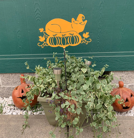 Halloween Cat Sleeping on Pumpkins Garden Stake