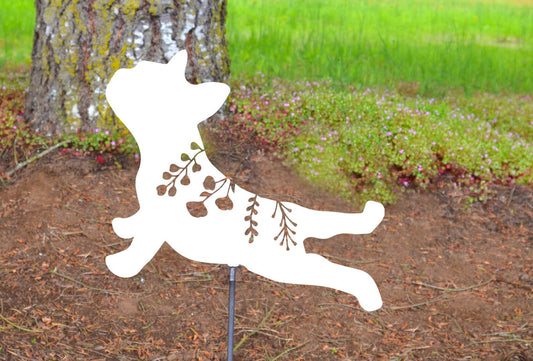 Metal Art Floral French Bulldog Stretching Garden Stake Decoration, Frenchie, Yard Art, Spring Garden Decoration, Outdoor Garden Decor, Dog, Post Mount Bracket, Wall Mount w/(Holes)